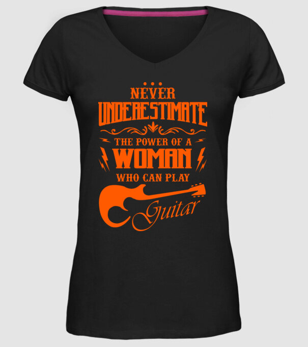 Never underestimate the power of a guitar woman model negru pe tricou