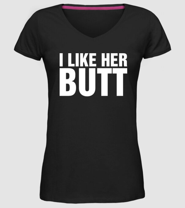 Motiv cuplu I like her butt model negru pe tricou