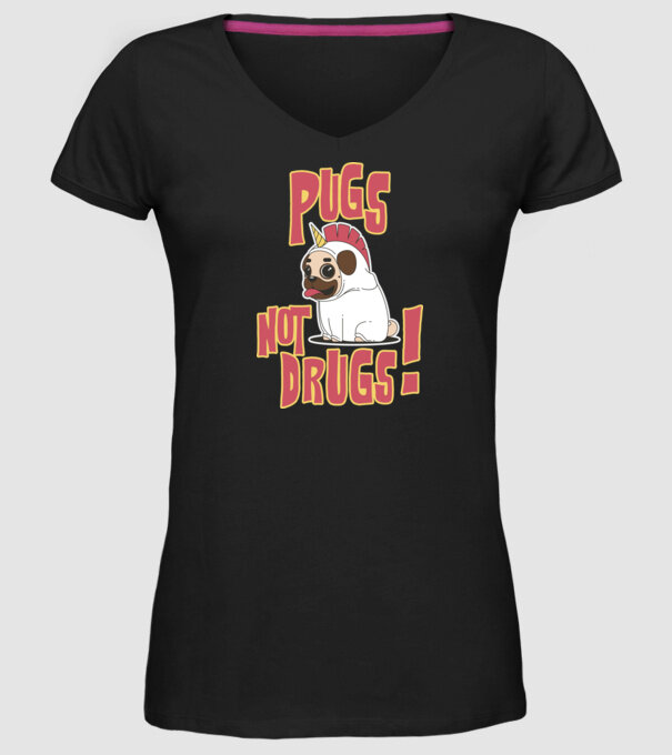 Pugs not drugs model negru pe tricou