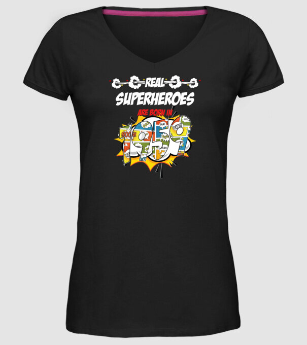 real superheroes are born in 1959 model negru pe tricou