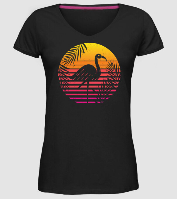 Retro flamingo sunset model negru pe tricou