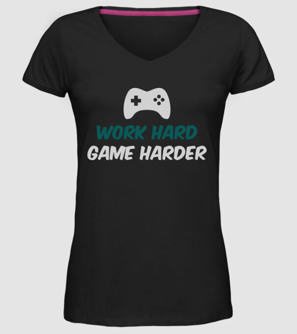 Work hard, game harder model negru pe tricou