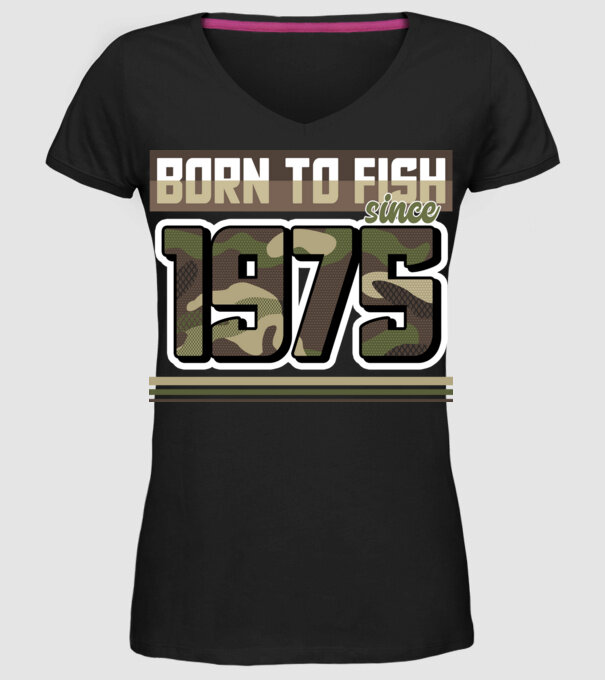 Born to fish since 1975 model negru pe tricou