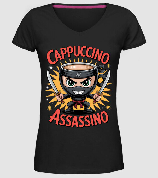 Cappuccino Assasino model negru pe tricou