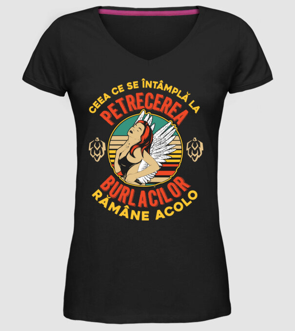 Ceea ce se întâmplă la petrecerea burlacilor rămâne la petrecerea burlacilor model negru pe tricou