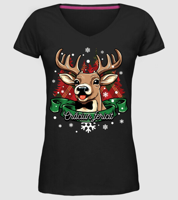 Cerb de Crăciun model negru pe tricou