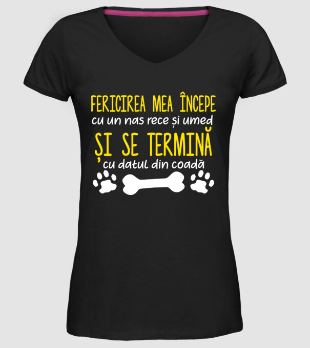 fericirea mea începe cu un nas rece și umed și se termină cu datul din coadă model negru pe tricou