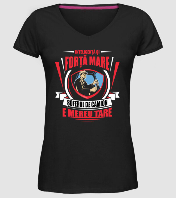 Inteligență și forță mare, șoferul de camion e mereu tare model negru pe tricou