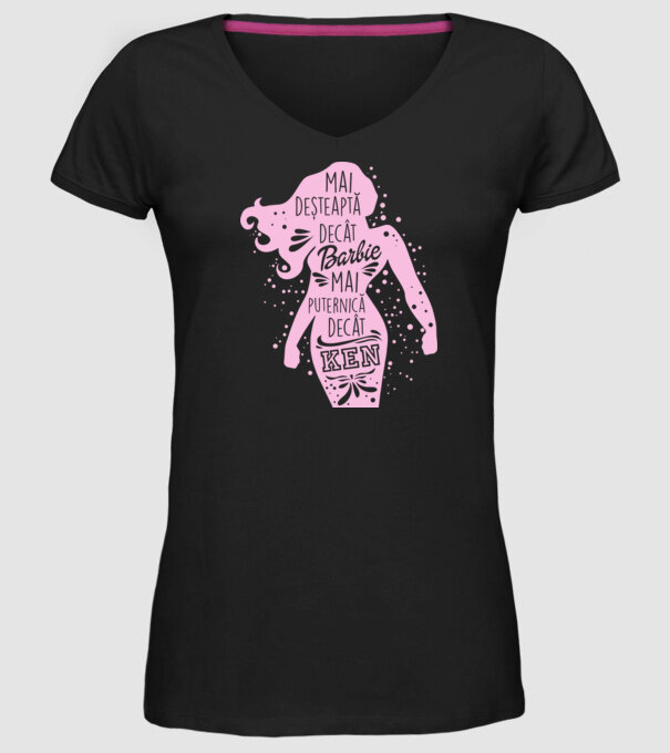 Mai deșteaptă decât Barbie, mai puternică decât Ken model negru pe tricou