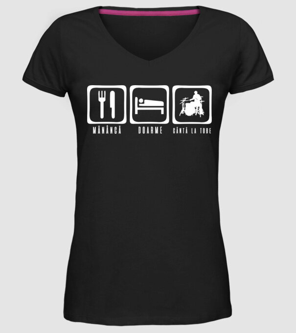 Mănâncă, doarme, cântă la tobe model negru pe tricou