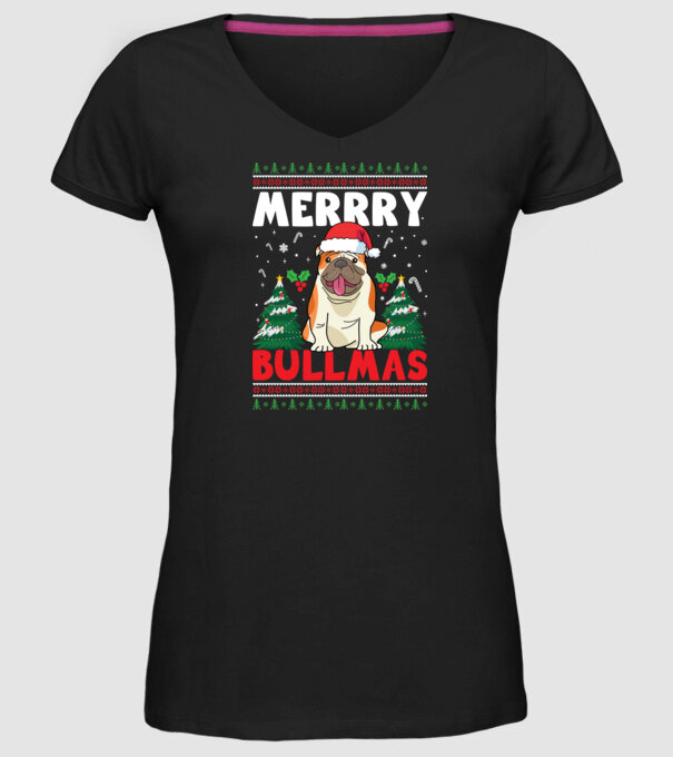 Merry bullmas ugly sweater model negru pe tricou