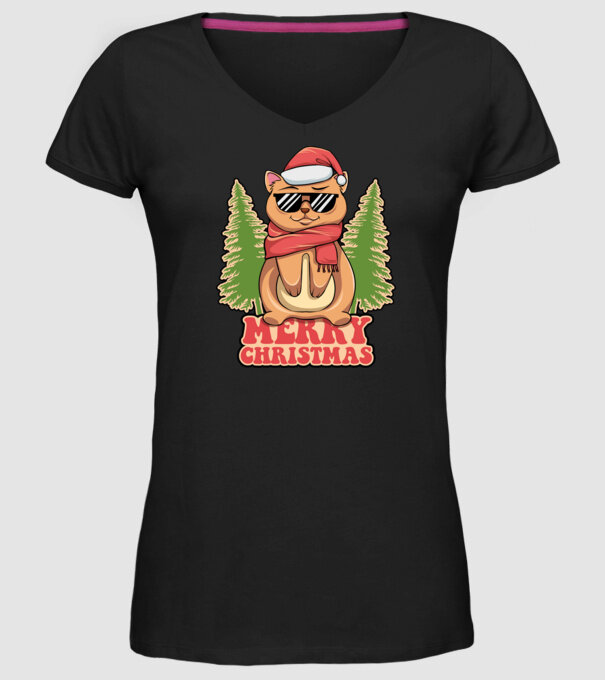 Merry christmas cat model negru pe tricou