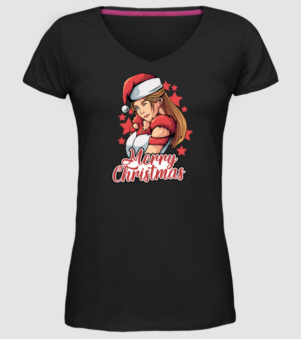 Merry christmas santa girl model negru pe tricou