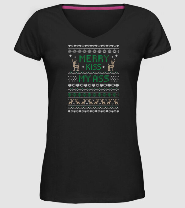 Merry kiss my ass ugly sweater model negru pe tricou