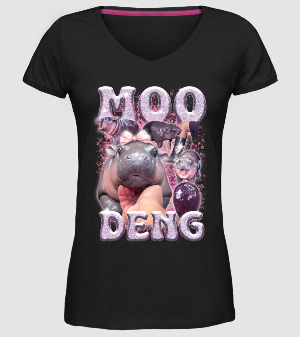 MOO DENG baby hippo model negru pe tricou