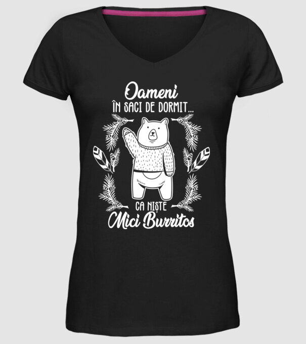 oameni în saci de dormit... ca niște mici burritos model negru pe tricou