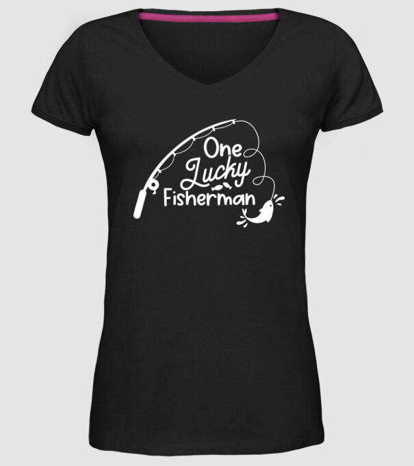 One lucky Fisherman model negru pe tricou