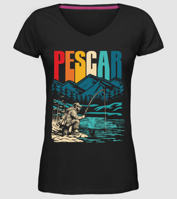 Pescar retro model negru pe tricou