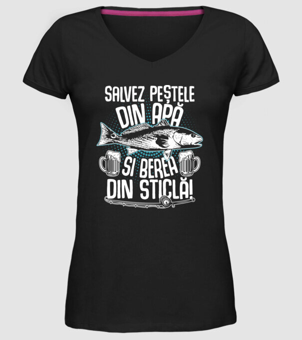 salvez peștele din apă și berea din sticlă model negru pe tricou