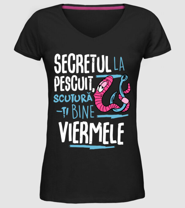 Secretul la pescuit scutură-ți bine viermele model negru pe tricou