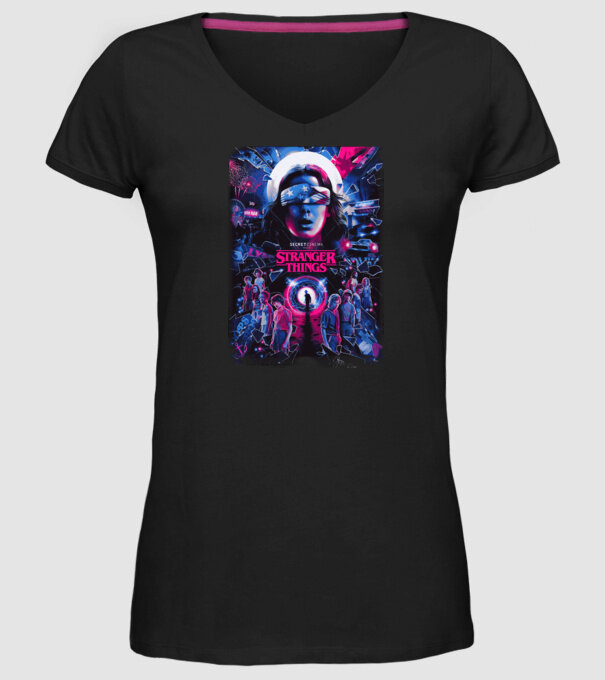 stranger things poster neon model negru pe tricou