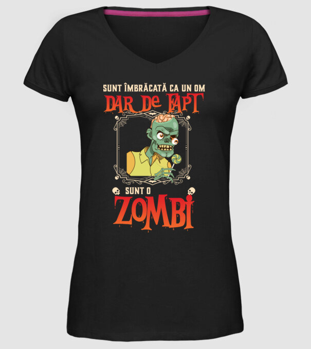 sunt îmbrăcat ca un om, dar de fapt sunt un zombi model negru pe tricou