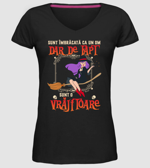 sunt îmbrăcată ca un om, dar de fapt sunt o vrăjitoare model negru pe tricou