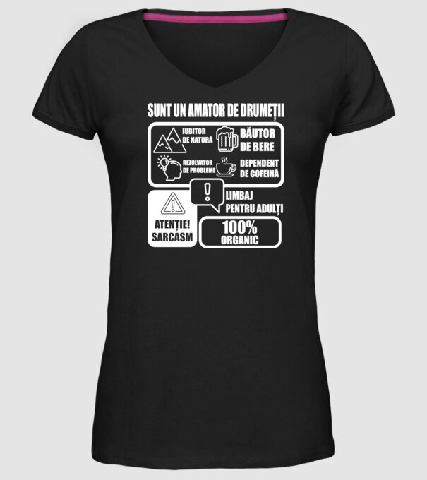 sunt un amator de drumeții - iubitor de natură - rezolvator de probleme - băutor de bere - dependent de cofeină - limbaj pentru model negru pe tricou