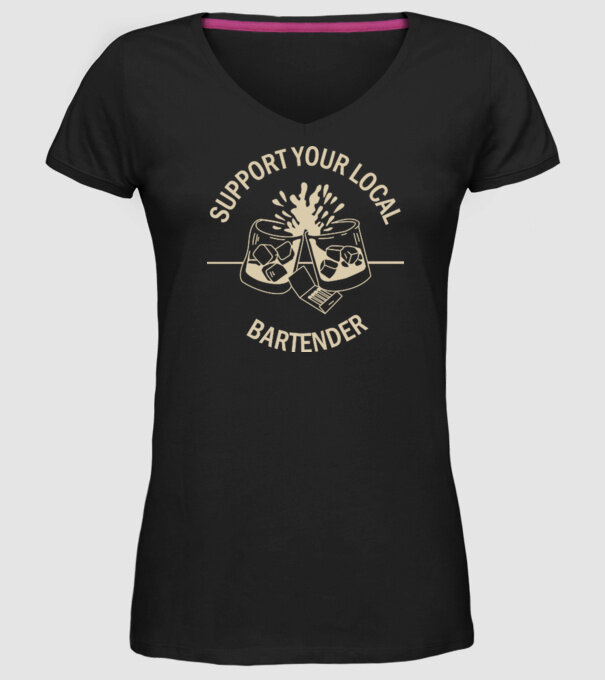 Support your local bartender model negru pe tricou
