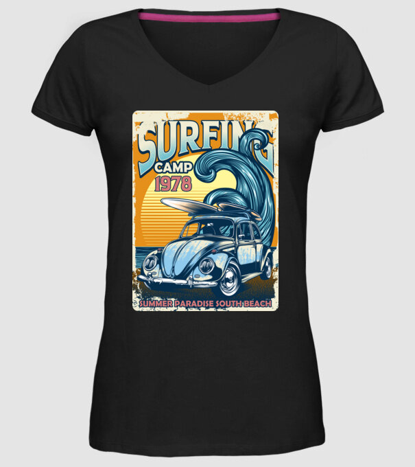 Surfer Camp model negru pe tricou