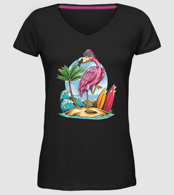 Surfer flamingo model negru pe tricou