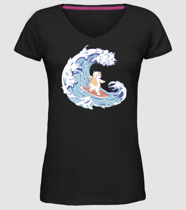 Surfer kitty model negru pe tricou