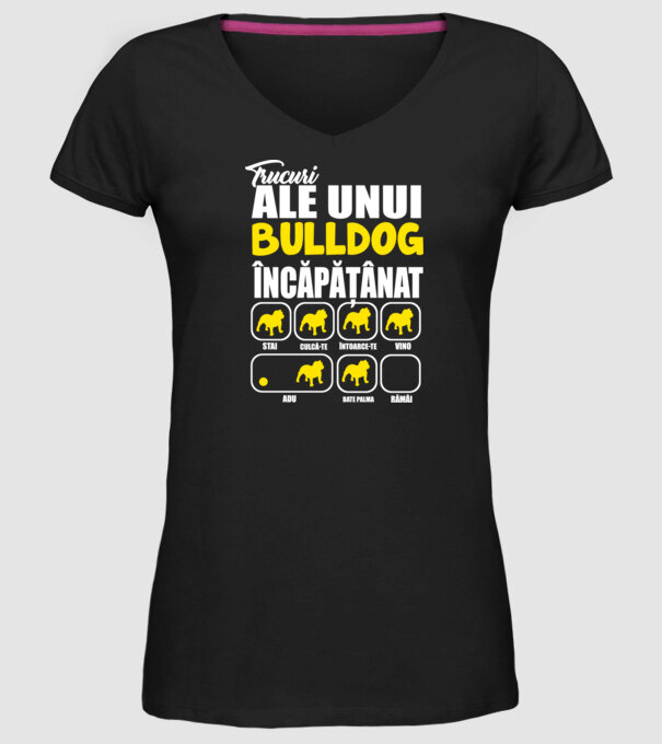 trucuri ale unui bulldog englezesc încăpățânat stai, culcă-te, întoarce-te, vino, adu, bate palma, rămâi model negru pe tricou