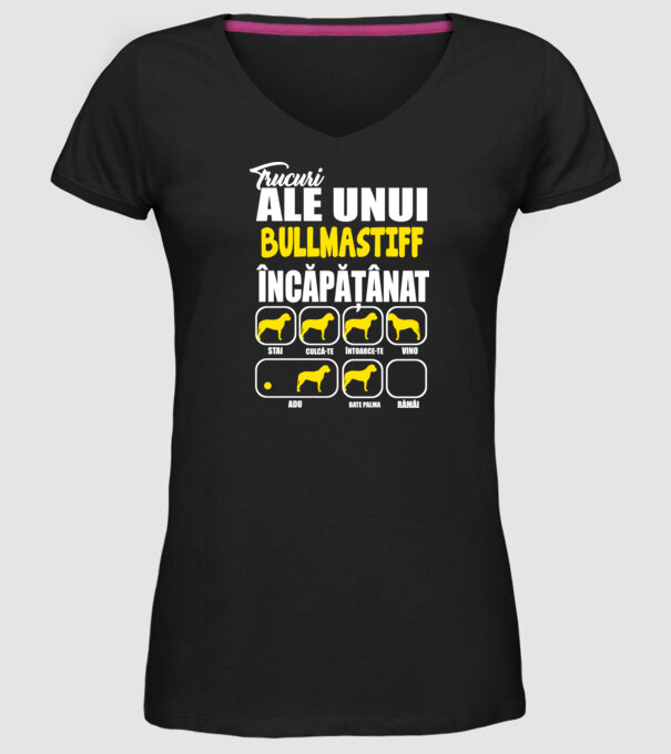 trucuri ale unui bullmastiff încăpățânat stai, culcă-te, întoarce-te, vino, adu, bate palma, rămâi model negru pe tricou