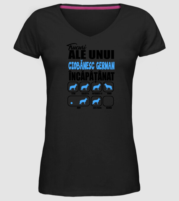 trucuri ale unui ciobănesc german încăpățânat stai, culcă-te, întoarce-te, vino, adu, bate palma, rămâi model negru pe tricou