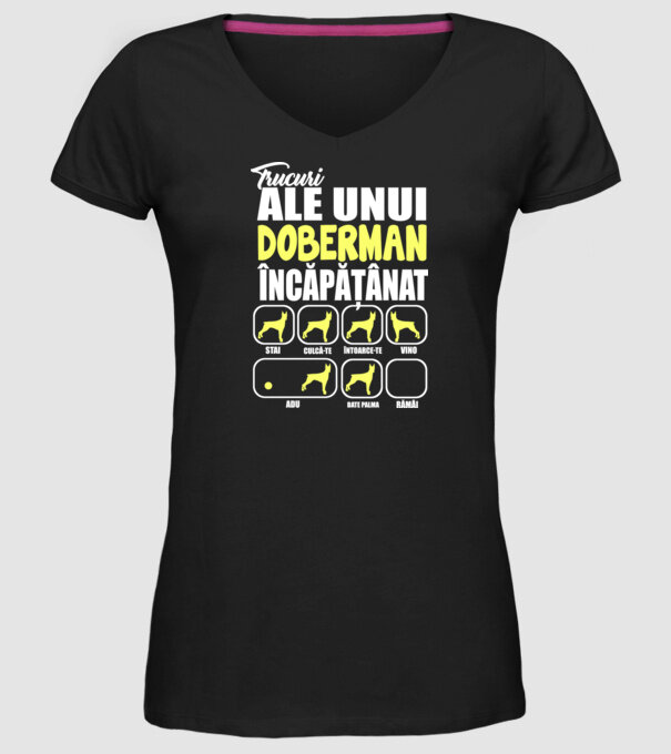 trucuri ale unui doberman încăpățânat stai, culcă-te, întoarce-te, vino, adu, bate palma, rămâi model negru pe tricou