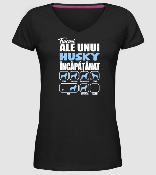 trucuri ale unui husky încăpățânat stai, culcă-te, întoarce-te, vino, adu, bate palma, rămâi model negru pe tricou