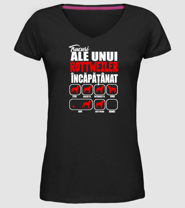 Trucuri ale unui rottweiler încăpățânat stai, culcă-te, întoarce-te, vino, adu, bate palma, rămâi model negru pe tricou
