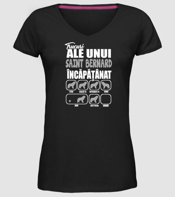 trucuri ale unui Saint Bernard încăpățânat stai, culcă-te, întoarce-te, vino, adu, bate palma, rămâi model negru pe tricou