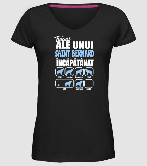 trucuri ale unui Saint Bernard încăpățânat stai, culcă-te, întoarce-te, vino, adu, bate palma, rămâi model negru pe tricou