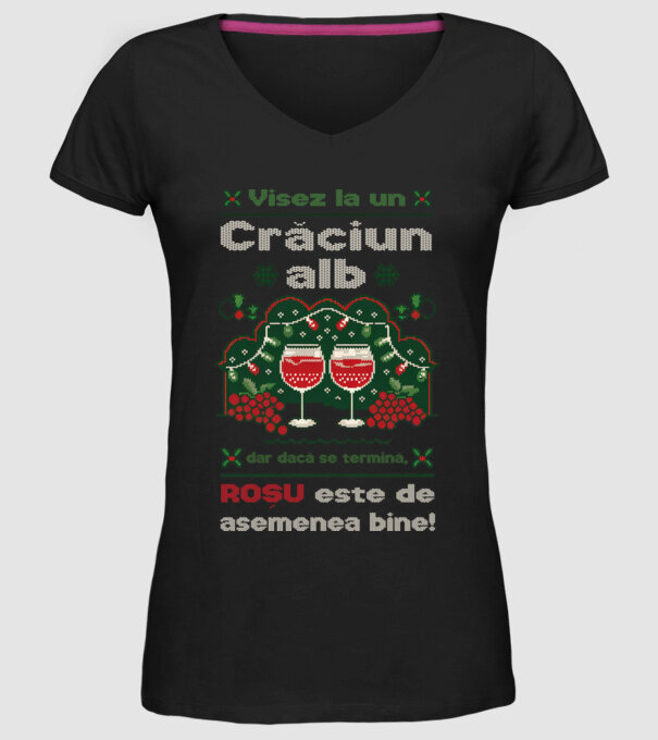 Visez la un Crăciun alb dar dacă se termină, Roșu este de asemenea bine! Negru model negru pe tricou