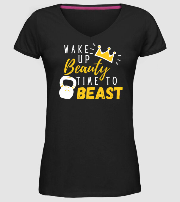 Wake Up Beauty Time To Beast model negru pe tricou