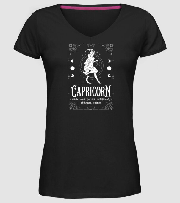 Zodiac femeie CAPRICORN white model negru pe tricou