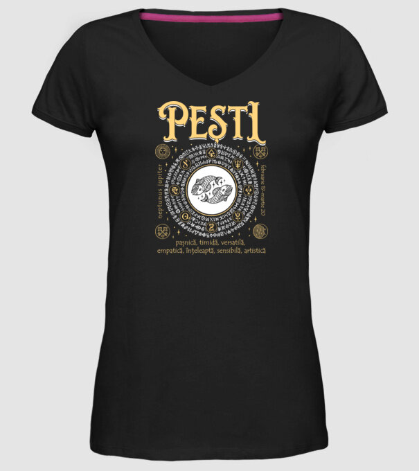 Zodiac femeie PEȘTI golden model negru pe tricou
