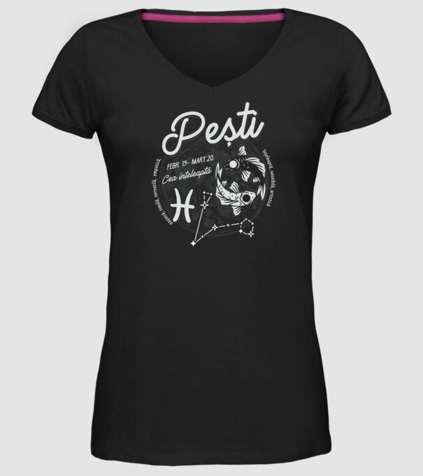 Zodiac femeie PEȘTI retro model negru pe tricou