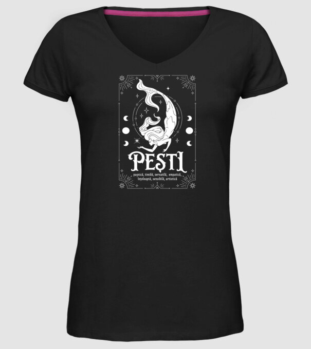 Zodiac femeie PEȘTI white model negru pe tricou