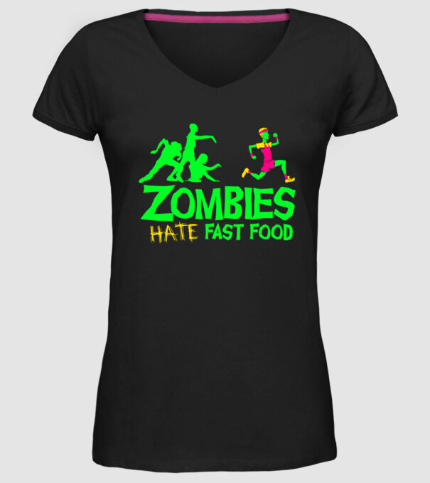 Zombies Hate Fast Food model negru pe tricou