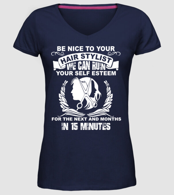 Be nice to your hair stylist model albastru închis pe tricou