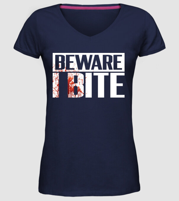 Beware i bite model albastru închis pe tricou