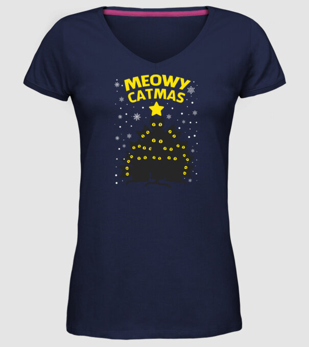 Meowy catmas black model albastru închis pe tricou